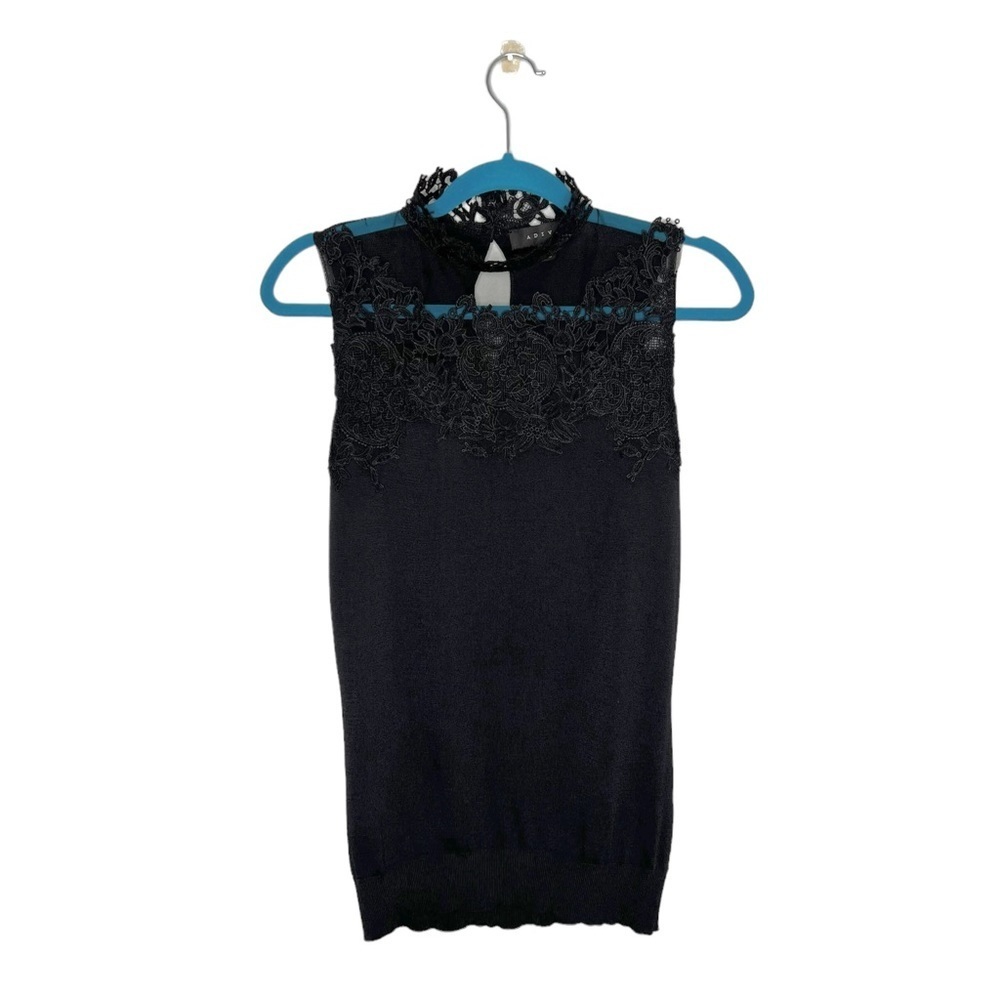 Adiva Black Lace Mock Neck Sheer Yoke Knit Sleeveless Blouse